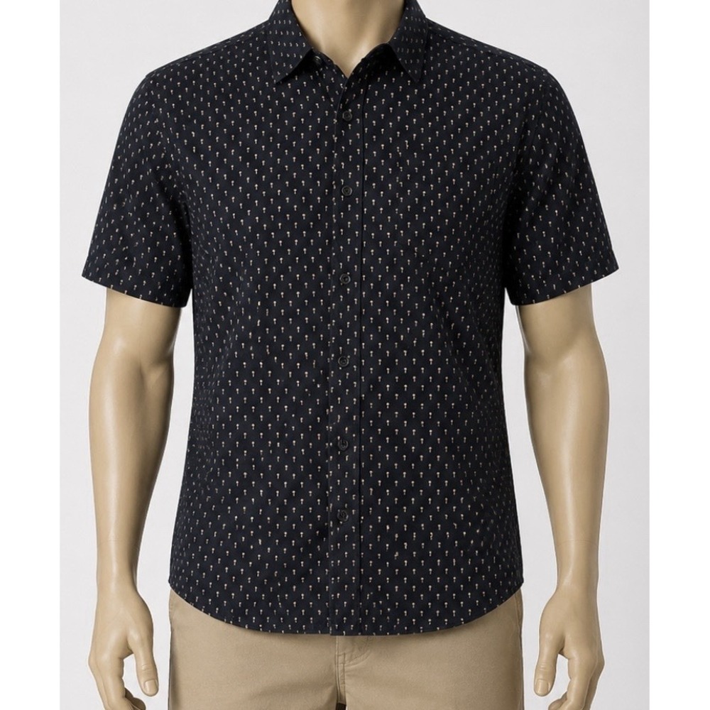 PLANET B Men's Button Up Short Sleeve Casual Shirt Medium Black W/Tan Palm Trees